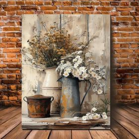 1 Piece Framed Wooden Canvas Painting, Rustic Wood Frame Canvas Art - Cream Yellow Wood Grain With White Jasmine Flowers With Rust Colored Wateri