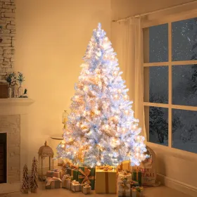 6FT Sliver Pre-Lit Artificial Christmas Tree, Hinged Full Tree With Metal Stand, 800 Branch Tips, 300 LED Lights,11 Lighting Modes, Holiday Decor