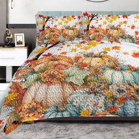 3 Pieces Colorful Oil Painting Pumpkin Pattern Quilt Set Twin Full Queen King Size For All Seasons Flower Fall Leaves Bedding Set With 2 Pillowca