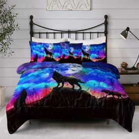 Galaxy Comforter Set Men 3D Wolf Bed Comforter Set 4 Piece Wolves Howling Bedding For Boys Retro Oil Painting Design Purple Blue And Black Beddin