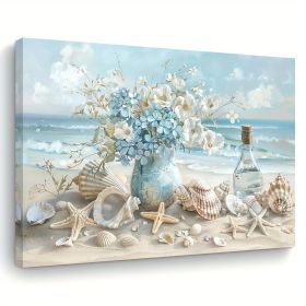 1 Piece Framed Wooden Canvas Painting, One Piece Blue Vase Floral Canvas Print, Wooden Frame Wall Art, Shell And Ocean Theme, Home And Office Dec