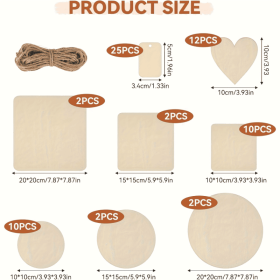65-Piece Untreated Wood Board Set - Handmade Materials - Includes Hemp Rope - Mixed Round, Square, And Heart-Shaped Wood Pieces - Blank Decorativ