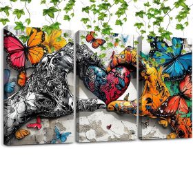 Framed 3pcs Graffiti Holding Hands Love Heart Canvas Wall Art Fashion Love Poster Painting Prints For Home Dining Room Living Room Wall Decor Art