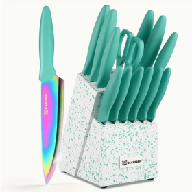14-Piece Rainbow Colored High Carbon Stainless Steel Kitchen Knife Set, Titanium Coated Blade, Rust-Free & Super Sharp, Flatware Set With Wooden