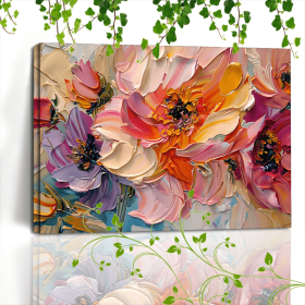 1pc Vibrant Floral Canvas Art With Wooden Frame - Textured Pastel Flowers, Abstract Blossom Arrangement For Home & Office Decor, Ideal For Living
