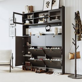 [VIDEO provided] ON-TREND Multifunctional Tipping Bucket Shoe Cabinet with Storage Shelf & 6 Flip Drawers, Large Hall Tree with Tempered Glass Doors