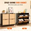 VEVOR Rattan Shoe Cabinet, Narrow Shoe Storage Organizer with 4 Flip Drawers, Slim Shoe Entryway Storage Cabinet with Metal Legs, Ideal for Entryway