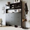 [VIDEO provided] ON-TREND Multifunctional Tipping Bucket Shoe Cabinet with Storage Shelf & 6 Flip Drawers, Large Hall Tree with Tempered Glass Doors