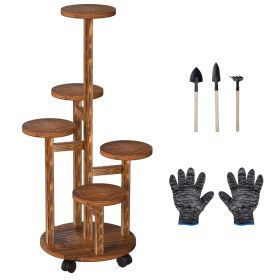 5 Tier Plant Stand with 4 Detachable Wheels Wooden Plant Pot Rolling Shelf Plant Display Rack for Indoor Outdoor Decoration (Color: Brown, size: One size)